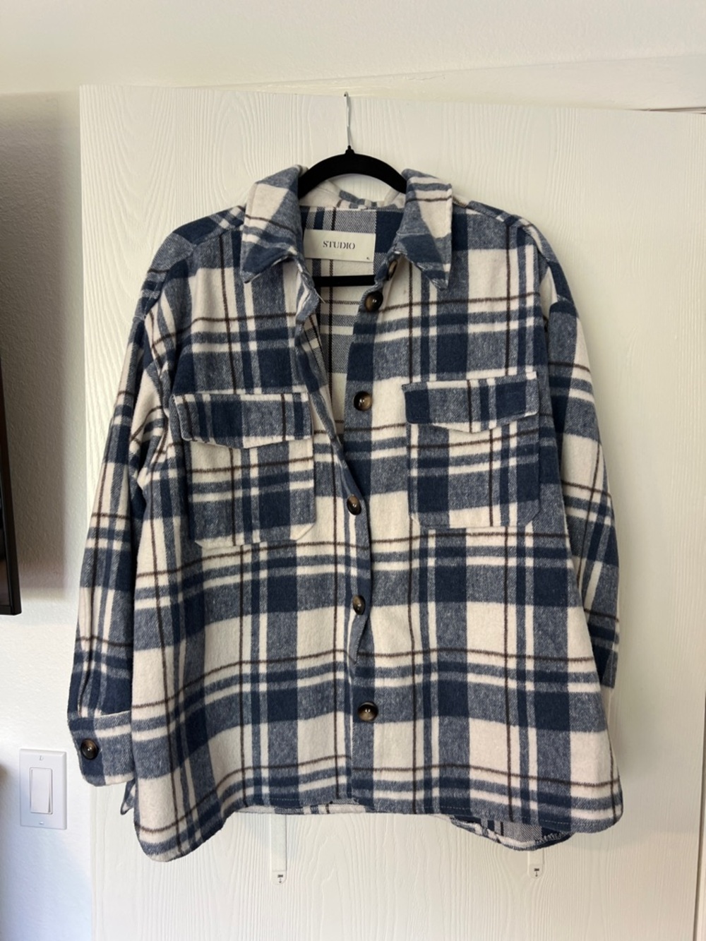 Studio Navy and White Plaid Utility Shacket Flannel